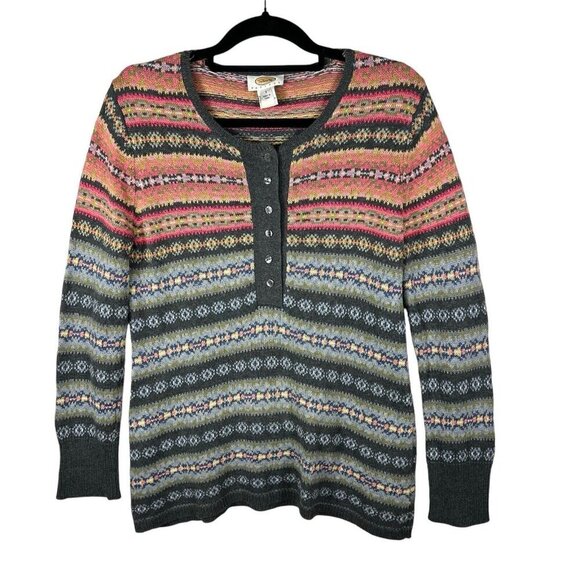 TALBOTS Womens Size S Fair Isle Crewneck Henley 1/4 Button Sweater Winter Hoiday - Picture 1 of 8
